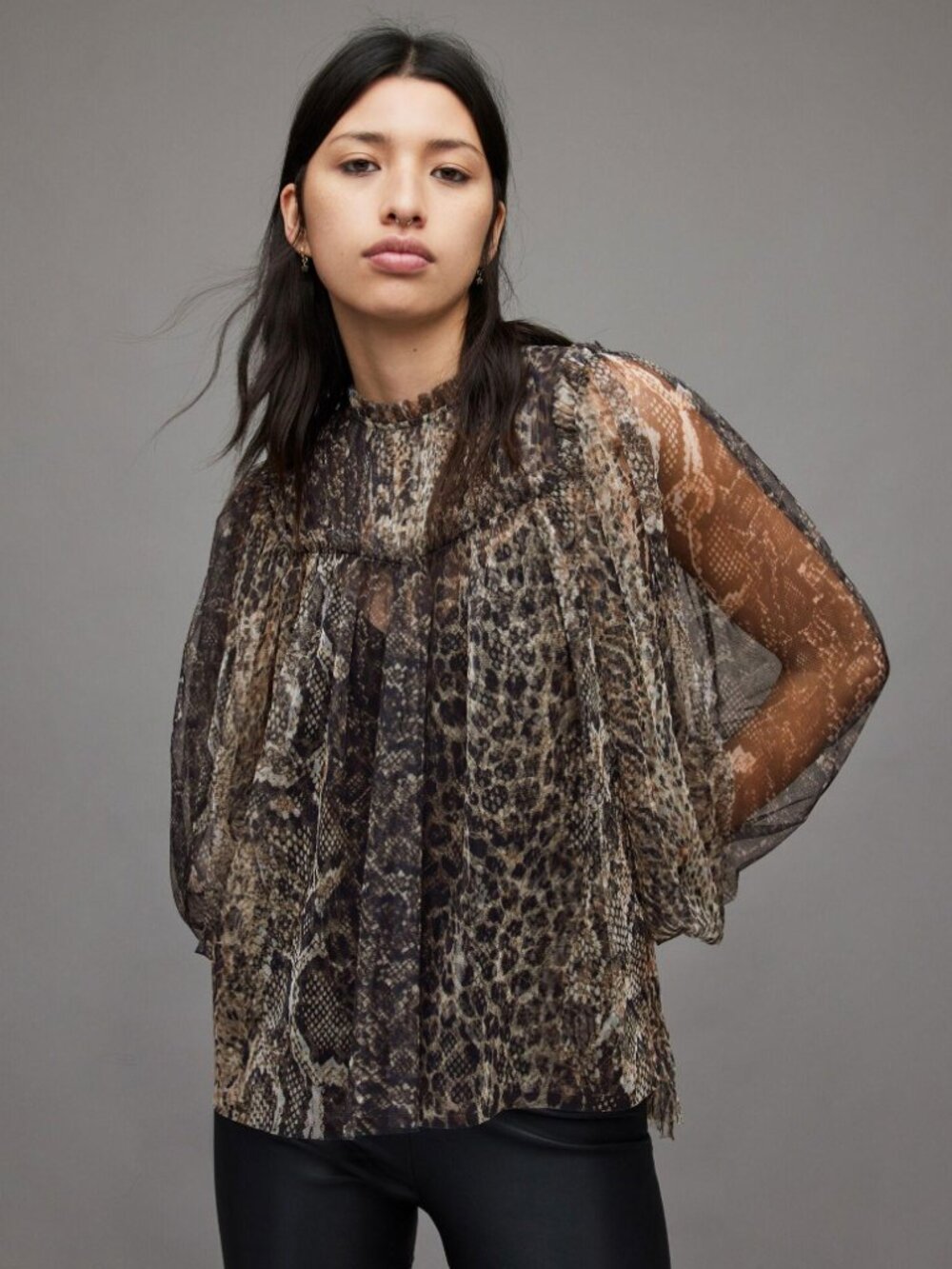 AllSaints Perri Noche Tulle Top Mixed Animal Print Sheer Blouse Sz. 6